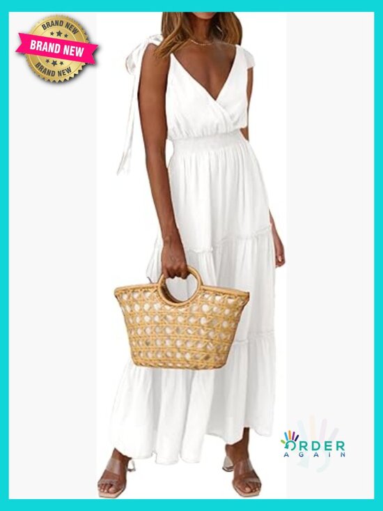 Dresses & Skirts - Sleeveless Tiered Maxi Dress Smocked Waist Tie Straps Boho Beach Sundress